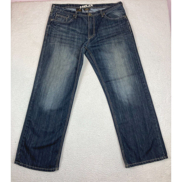 Helix Jeans Men's 38 X 32 Loose Straight‎ Cut Dark Wash Blue Denim Bike Grunge - Picture 1 of 13